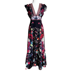 NWT DALIA MACPHEE BLACK MULTI MAXI FLORAL TIERED CHIFFON DRESS D1557 - XL